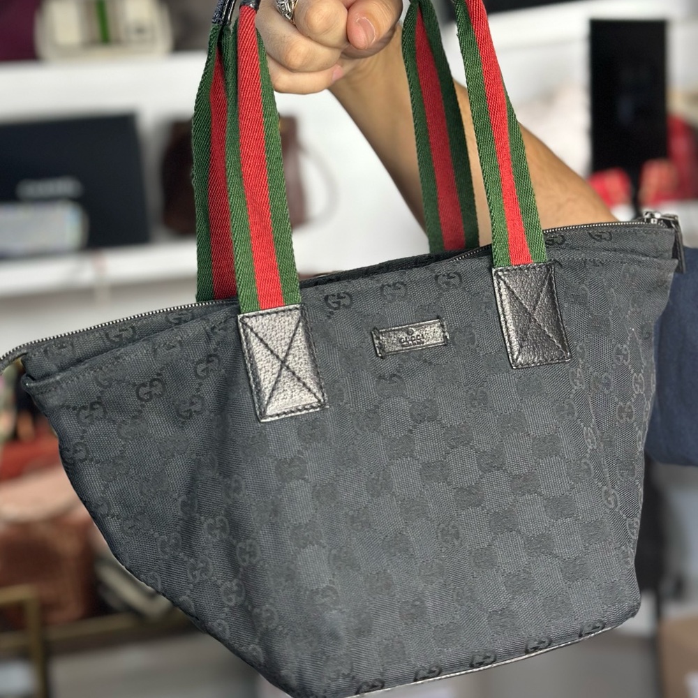 Gucci Black GG Canvas Tote with Green and Red Web Straps
